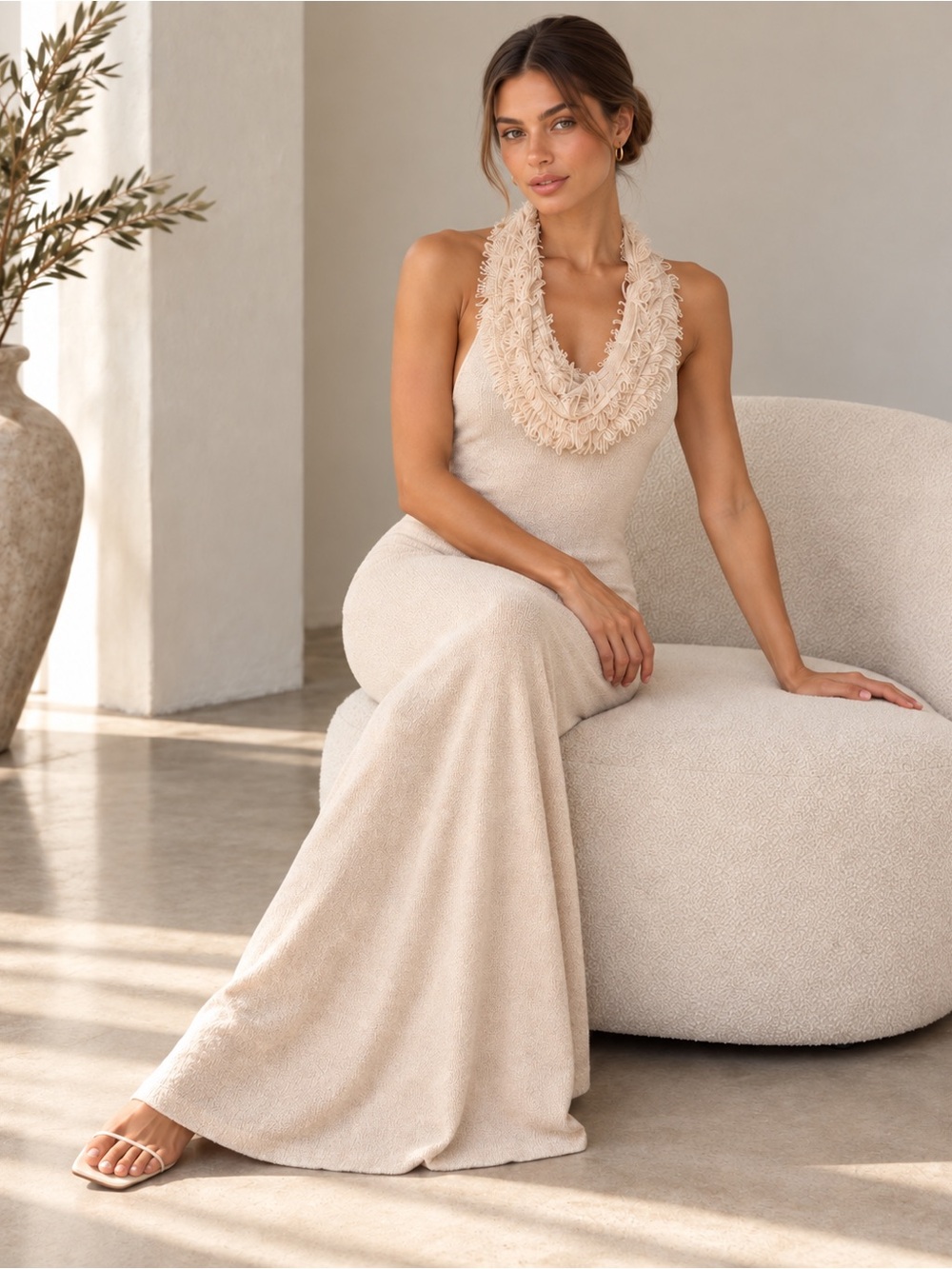 NWT Aya Muse Wren Halterneck Cashmere Cotton Maxi Dress in Cream Beige Size S